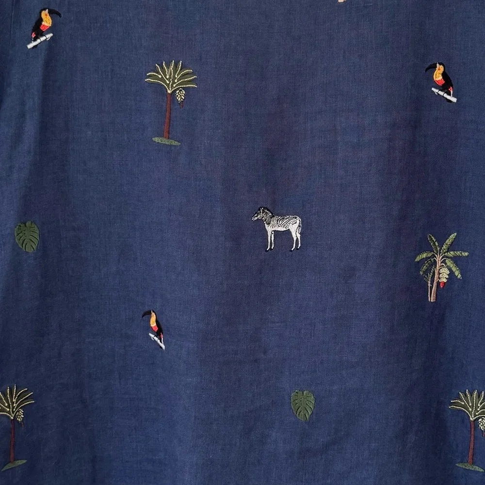 Vilagallo Navy Linen Embroidered Tropical Blouse with Toucan & Palm Motifs Sz 12 - Picture 11 of 13